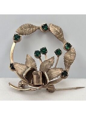 Vintage Gold and Green Rhinestones Leaf Wreath Cabbage Rose Brooch